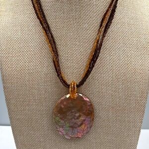 Vintage Multi Strand Bead Necklace Large Abalone Style Shell Pendant Brown Amber